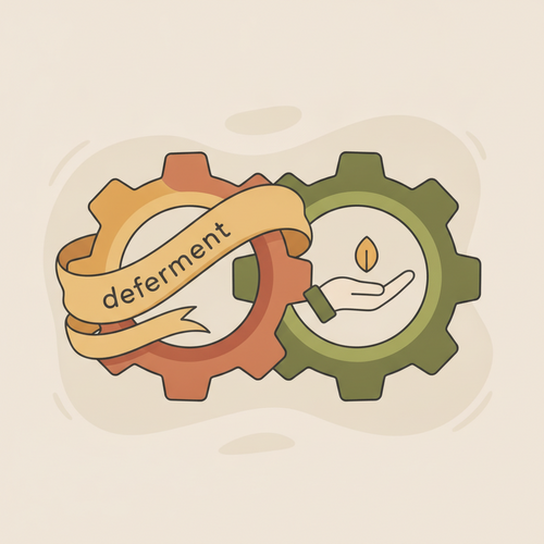Flat design illustration of gears representing strategic deferment and fiduciary obligation liability management, highlighting interconnected financial processes.