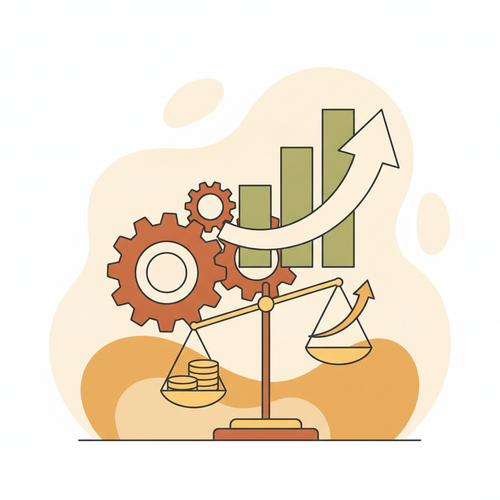 Flat design illustration of strategic portfolio rebalancing frameworks, showing gears, an upward arrow chart, and balancing scales for financial growth.