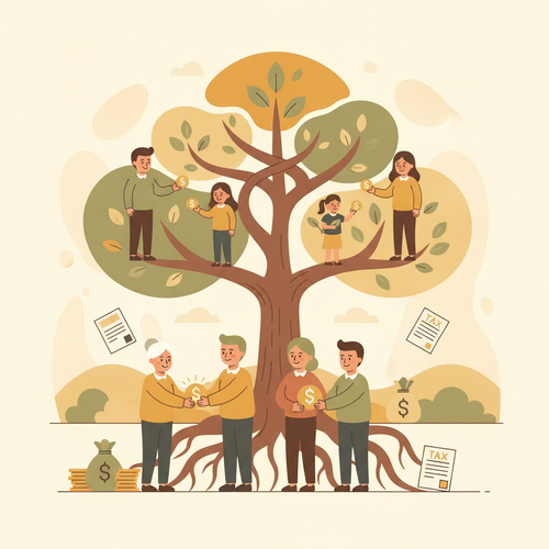 Illustration of intergenerational asset transfer, showing wealth flowing across generations, optimized for tax-efficient liquidity management.
