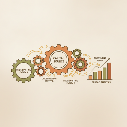 Illustration depicting academic municipal bond underwriting, with abstract figures representing financial professionals analyzing data and deploying capital in a stylized urban setting.