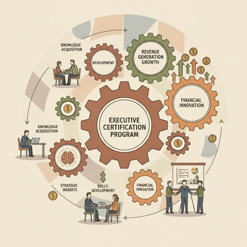 Illustration of B2B Executive Certification IP Monetization architecture, showing knowledge flowing into revenue streams via scalable enterprise education platforms.