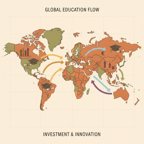 Conceptual illustration of cross-border ISA securitization, showing global financial flows and academic symbols, highlighting human capital arbitrage.