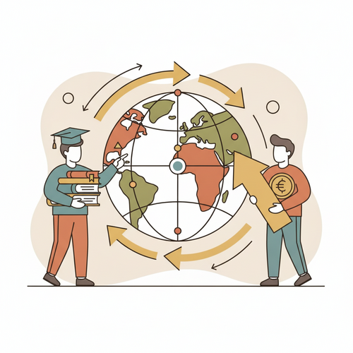 Flat design illustration of global capital flowing between human figures and financial instruments, representing cross-border income-share securitization and human capital yield portfolios.
