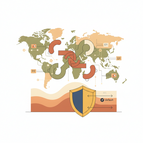 Flat design illustration showing global financial flows for student loans, with interlocking gears representing complex financial instruments and a shield symbolizing risk management in cross-border student debt securitization.