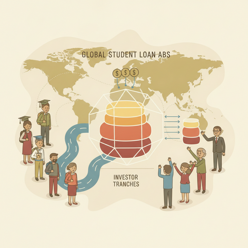 Flat design illustration showing global student loans being pooled into a securitization vehicle, representing cross-border student loan securitization and risk-adjusted yield generation.