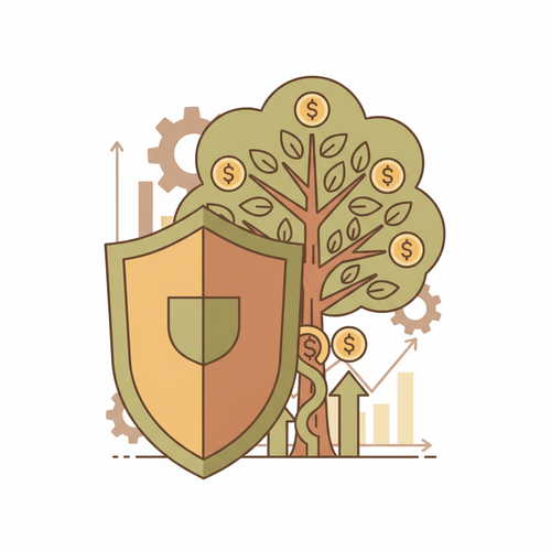 Illustration of a shield protecting a growing money tree, representing discretionary wealth capital preservation for executive alumni