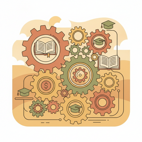 Flat design illustration showing a dynasty trust facilitating higher education funding through liquidity engineering for executive family offices, with abstract gears and educational symbols.