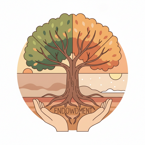 Flat design illustration depicting a strong, deeply rooted tree representing endowment capital, symbolizing long-term growth and protection for academic institutions.
