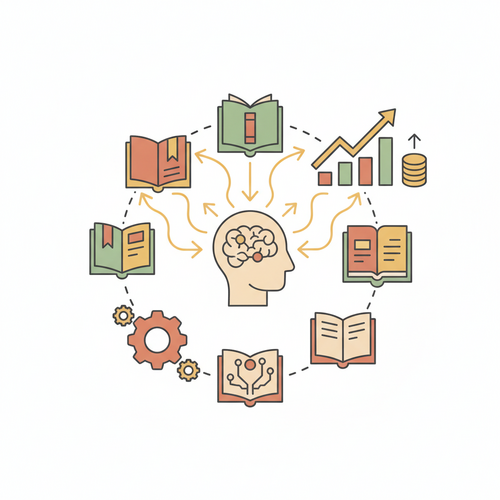 Illustration depicting enterprise learning ecosystems driving algorithmic competency acquisition and workforce capitalization.