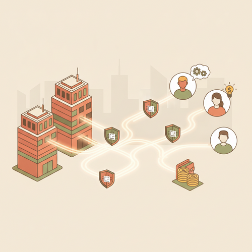 Flat design illustration showing enterprise micro-credential architecture with digital certificates verifying skills and enabling B2B curriculum monetization