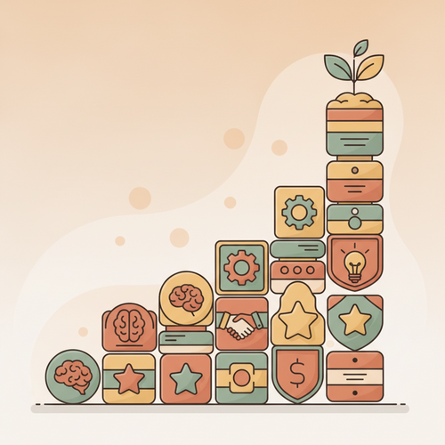 Enterprise Micro-Credentialing system showing digital badges being earned and stacking, representing professional growth and skill validation in a B2B context.