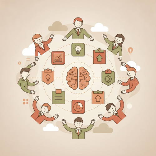 Flat design illustration of digital badges connected via a network, symbolizing Enterprise Open-Source Micro-Credentials for executive upskilling.