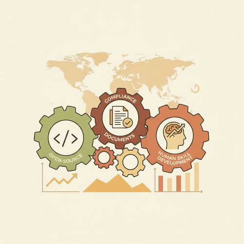 Conceptual illustration of enterprise open-source upskilling framework with gears, compliance documents, and skill verification symbols.