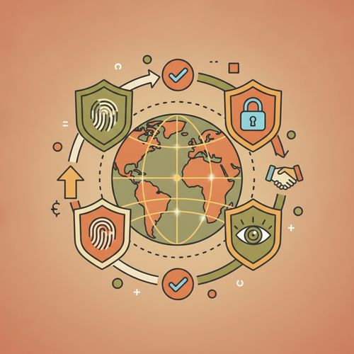Global Executive Credentialing system with interlocking digital credentials, secure blockchain symbols, and diverse professional profiles.