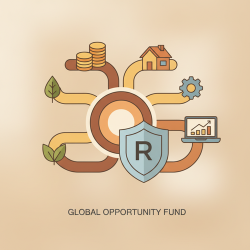 Illustration of diverse alternative assets being allocated to a higher education endowment fund, protected by risk mitigation strategies.