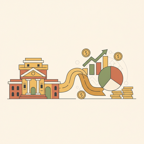 Flat design illustration of capital flowing from university buildings into an investment portfolio, representing higher education real estate syndication and asset monetization.