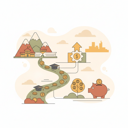 Illustration depicting income-share agreement syndication as a financial pipeline connecting higher education funding with investment portfolios, representing liquidity and yield arbitrage.