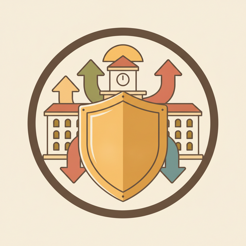 Flat design illustration of a university building protected by a financial shield, representing institutional endowment immunization against duration gaps in higher education assets.
