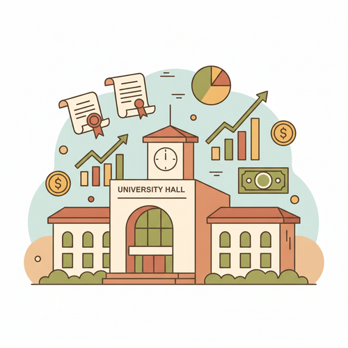 Illustration of a university campus surrounded by financial documents and charts, symbolizing higher education debt issuance, municipal bond underwriting, and covenant controls.