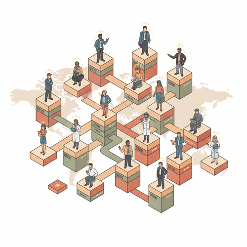 Illustration of institutional open access accreditation infrastructure for executive skill validation, depicting interconnected digital blocks and professional profiles.