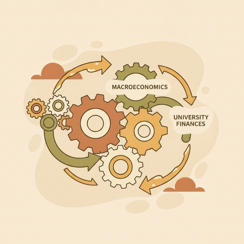 Conceptual illustration of macroeconomic liquidity management for higher education, showing interconnected financial systems and optimized working capital