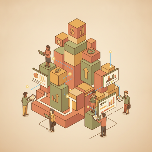Modular Continuing Education Infrastructure represented by interconnected digital blocks, symbolizing scalable B2B technical training and skill development.
