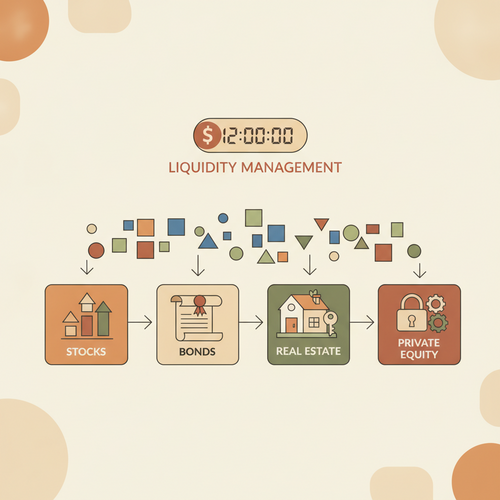 Flat design illustration of quantitative endowment management, showing data streams optimizing multi-asset allocation and liquidity sequencing for a robust institutional portfolio.