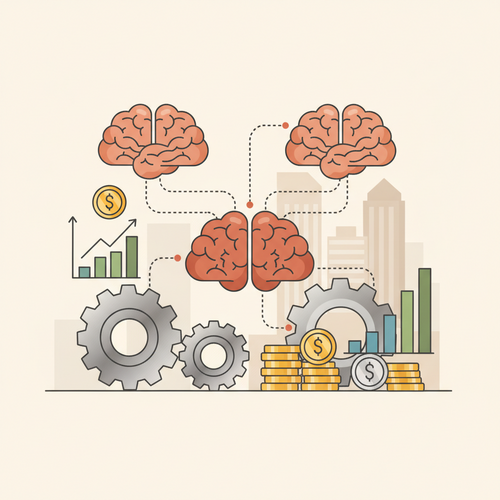 Flat design illustration showing B2B Open-Access Content Monetization infrastructure with interconnected networks, gears, and financial symbols for corporate upskilling.