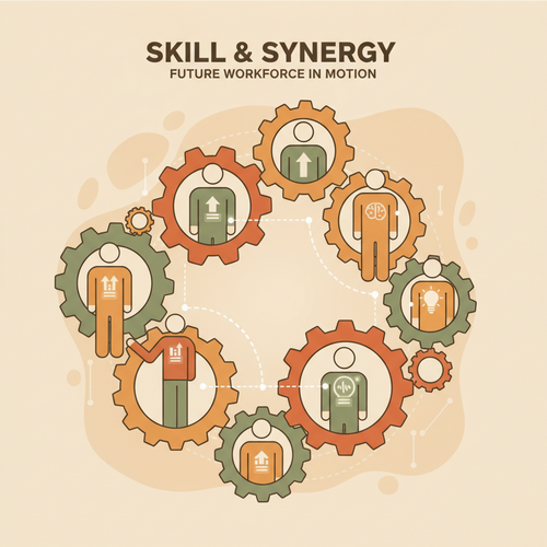 Flat design illustration of scalable micro credential ecosystems enhancing human capital optimization and workforce arbitrage.