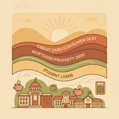 Flat design illustration representing securitized higher education debt risk with layers of financial instruments and university buildings
