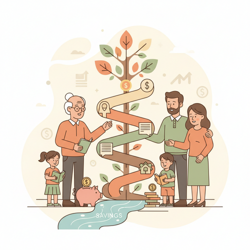 Illustration depicting strategic asset allocation for 529 plans, showing intergenerational wealth transfer and educational savings optimization.