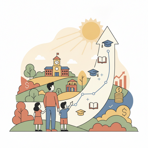 Illustration of an executive family observing a financial growth chart, with 529 plan documents and estate planning symbols, representing strategic asset location and wealth perpetuity.