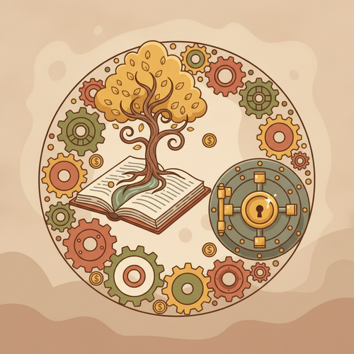Flat design illustration of a secure, growing financial structure, depicting a tree of knowledge rising from a book, surrounded by financial symbols and protective gears. Focuses on structured sovereign wealth education trusts and their role in tax-efficient asset preservation protocols.
