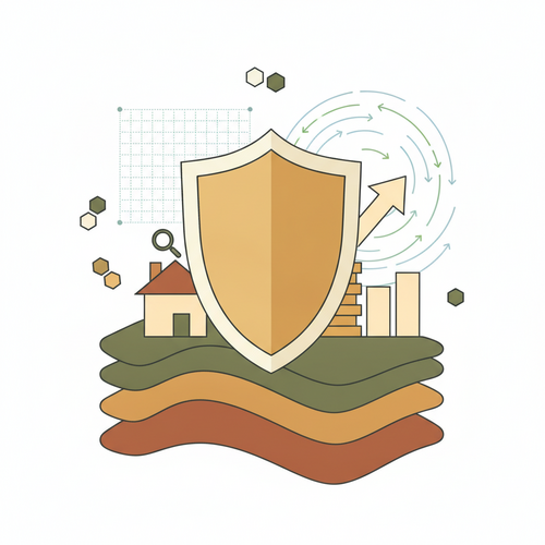 Flat design illustration of subordinated education loan facilities, showing layered debt structures, a shield representing risk hedging, and financial data analytics.