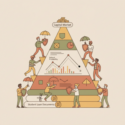 Flat design illustration representing financial concepts of subordinated student loan debt syndication, with elements like loan documents, graphs, and a diverse group of investors, in warm earth tones.