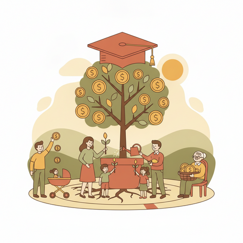 Illustration of a family across generations benefiting from a growing education fund, symbolizing optimizing 529 portfolios for generational liquidity and tax-advantaged academic wealth.