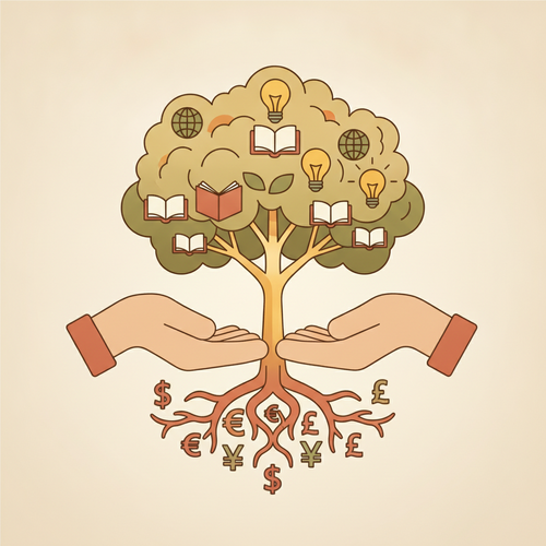 Flat design illustration of hands nurturing a tree with roots shaped like currency symbols and leaves as books or graduation caps, symbolizing Ultra-High-Net-Worth intergenerational capital transfer through discretionary education trusts.