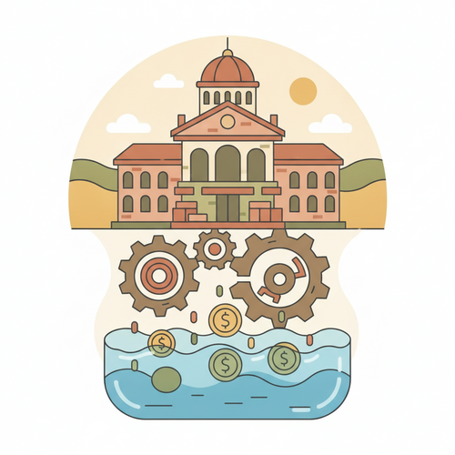 Illustration depicting university liquidity management, showing synthetic debt hedging and real estate monetization strategies to enhance financial reserves.