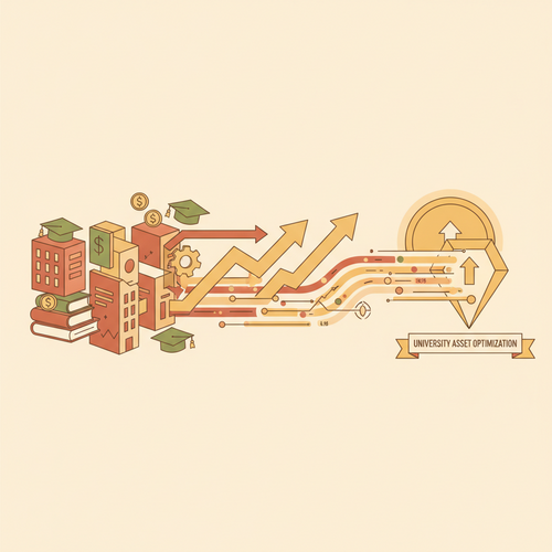 Flat design illustration depicting university buildings morphing into financial graphs and symbols, representing university real estate portfolio optimization and asset monetization.