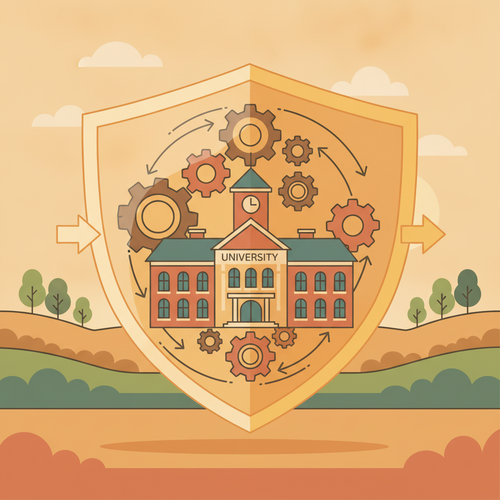 Conceptual illustration of university endowment duration risk mitigation, showing a protective financial shield safeguarding academic funds against interest rate volatility.