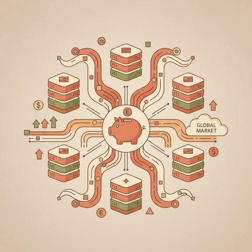 Flat design illustration of interconnected servers and data streams, symbolizing algorithmic trading infrastructure and high-frequency execution.