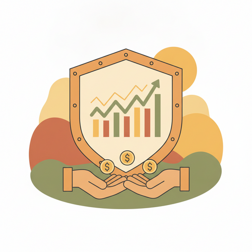 Flat design illustration showing a shield protecting a large stock chart, with money exchanging hands, representing zero-cost collar hedging and prepaid forward contracts for concentrated stock positions.