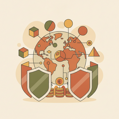 Flat design illustration showing global assets under protective financial structures, symbolizing cross-border wealth structuring and tax mitigation.