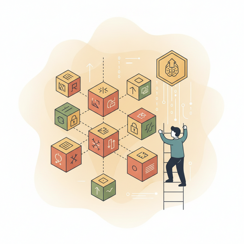 Illustration of decentralized credentialing architecture using cryptographic verification for executive upskilling, showing secure digital records and professional development.