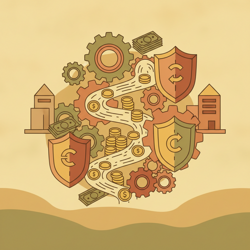 Conceptual illustration of discretionary wealth engineering, showing asset protection trusts and capital gains mitigation strategies with financial instruments and protective shields.