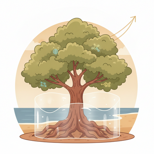 Illustration of a resilient tree with digital elements, representing intergenerational asset preservation and growth, shielded by a translucent barrier symbolizing offshore liquidity and tax alpha generation.