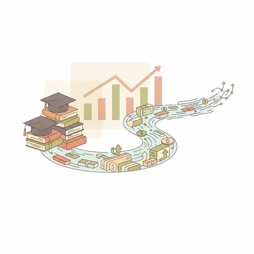 Flat design illustration of educational liability securitization for high-income professionals, showing debt transformation into financial assets.