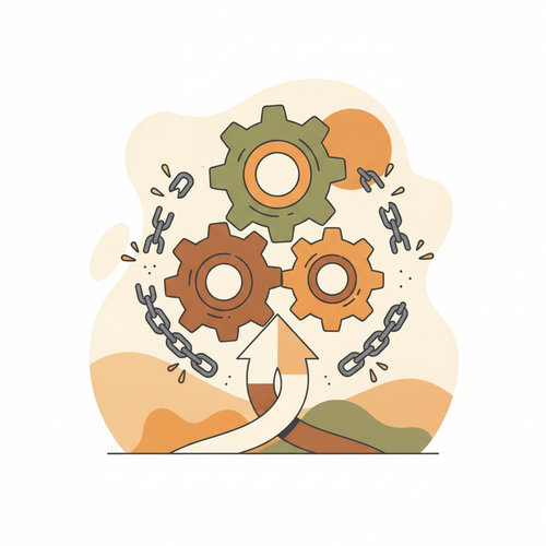 Flat design illustration representing Enterprise Capital Restructuring with gears and broken chains, symbolizing reorganization and distressed debt valuation.