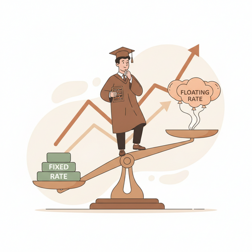 Flat design illustration of a graduate balancing fixed and floating interest rates, symbolizing educational debt swaps and interest rate hedging strategies.