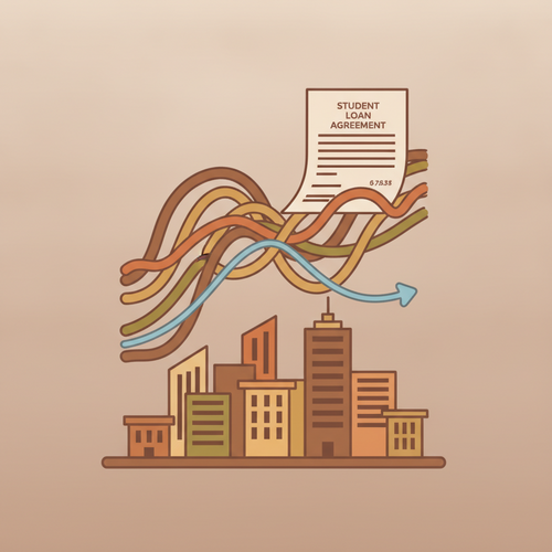 Conceptual illustration of graduate education refinancing documents amidst a complex financial landscape, depicting fixed-spread underwriting challenges during an inverted yield curve.